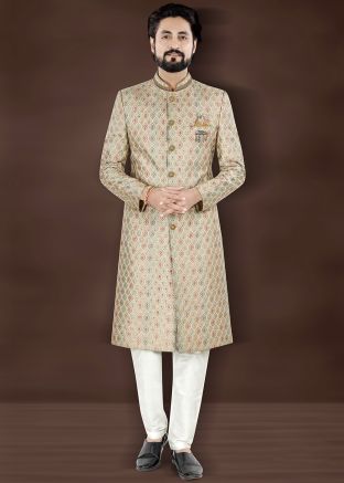 Beige Men Embroidered Brocade Sherwani Set