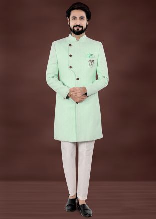 Turquoise Woven Men Indo Western Sherwani Set