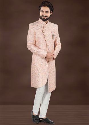 Pink Asymmetric Men Sherwani Set In Jacquard