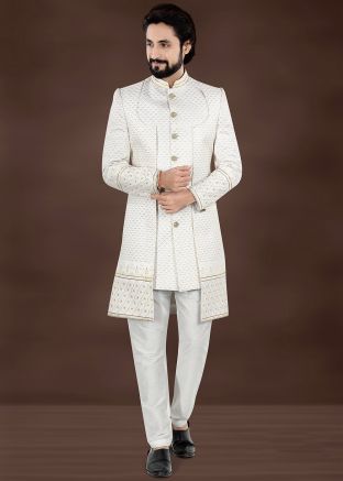 Off White Embroidered Indo Western Sherwani