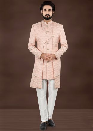 Peach Embroidered Indo Western Sherwani