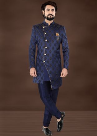 Navy Blue Woven Indo Western Sherwani