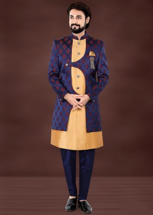 Navy Blue Woven Indo Western Sherwani