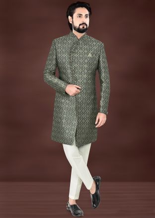 Mehendi Green Woven Indo Western Sherwani