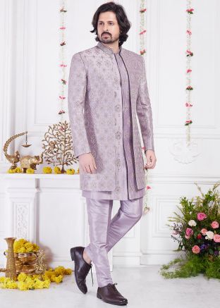 Purple Embroidered Indo Western Sherwani Set