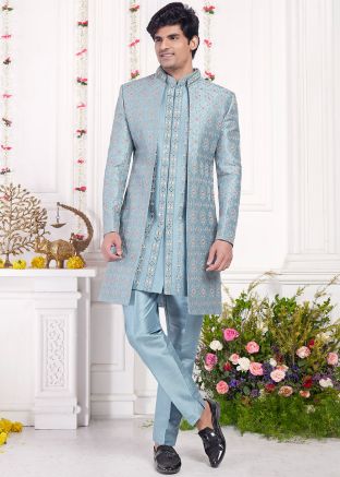 Blue Handwork Embellished Indo Western Sherwani