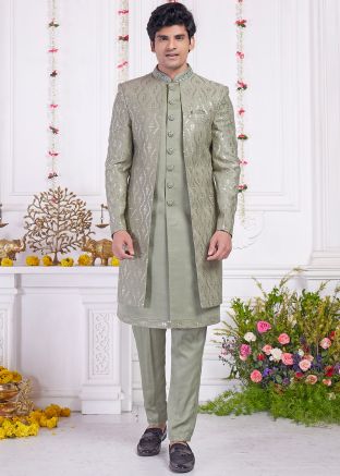 Light Sage Green Attached Jacket Indo Western Sherwani