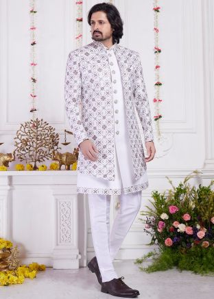 Cream Embroidered Jacket Indo Western Sherwani Set