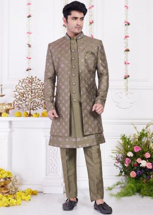 Olive Green Embroidered Jacket Indo Western Sherwani Set