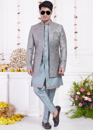 Blue Embroidered Jacket Style Indo Western Sherwani