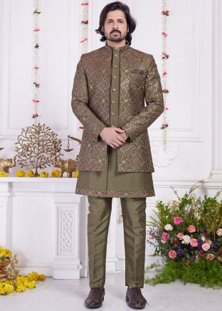 Army Green Embroidered Jacket Indo Western Sherwani