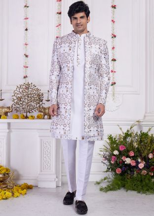 Cream Embellished Jacket Style Kurta Pant Set