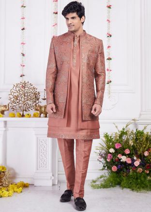 Rust Brown Embroidered Jacket Style Kurta Pant Set
