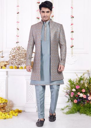 Blue Embroidered Jacket Style Kurta Pant Set
