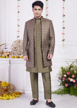Army Green Embellished Indo Western Sherwani