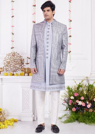Grey Embroidered Jacket Indo Western Sherwani
