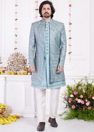 Blue Embroidered Jacket Indo Western Sherwani