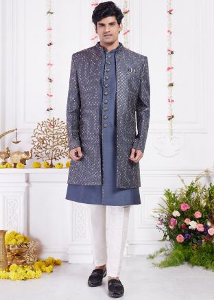 Dark Grey Embroidered Jacket Indo Western Sherwani
