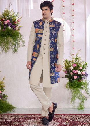 Cream Woven Indo Western Sherwani With Jacket