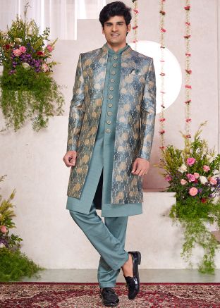 Green Digital Indo Western Sherwani With Jacket