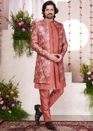Red Indo Western Sherwani In Digital Print