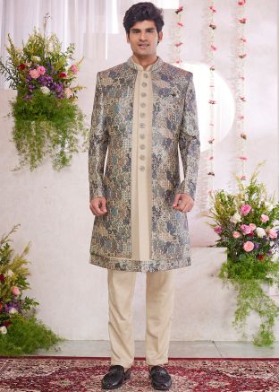 Cream Printed Indo Western Sherwani
