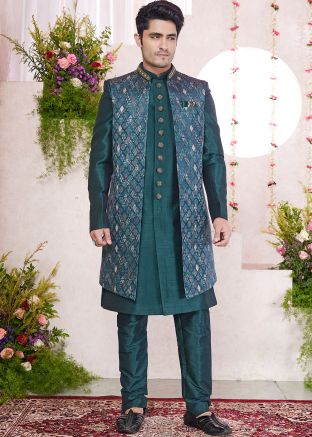 Green Woven Indo Western Sherwani