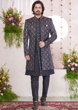 Black Woven Indo Western Sherwani Set