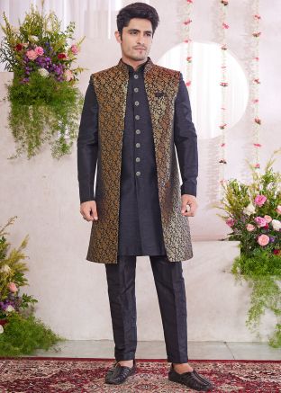 Black Woven Men Indo Western Sherwani