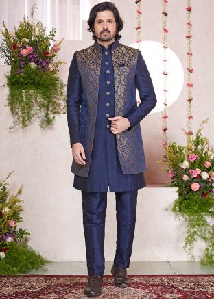 Blue Woven Indo Western Sherwani In Art Silk