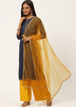 Mustard Yellow Color Net Embroidered Dupatta 