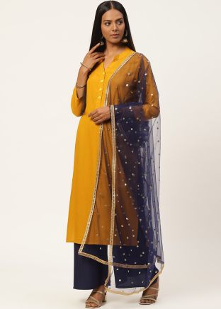 Navy Blue Color Net Embroidered Dupatta 