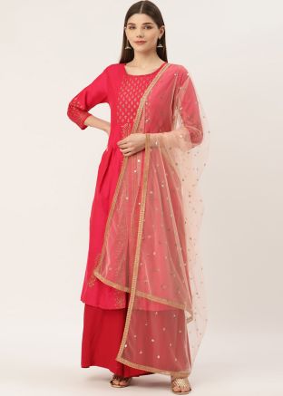 Peach Color Net Embroidered Dupatta 