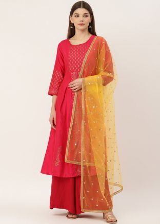 Yellow Color Net Embroidered Dupatta 