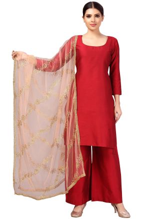 Peach Color Net Embroidered Dupatta 