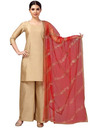 Red Color Net Embroidered Dupatta 