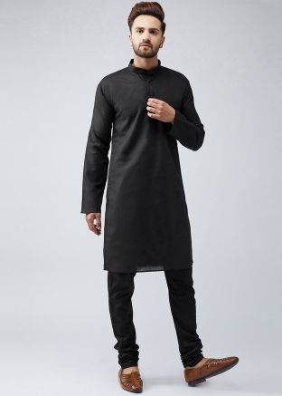 Black Readymade Cotton Kurta With Churidar