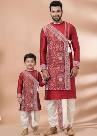 Red Embroidered Kurta Dhoti Father Son Set