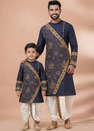 Navy Blue Embroidered Kurta Dhoti Father Son Set