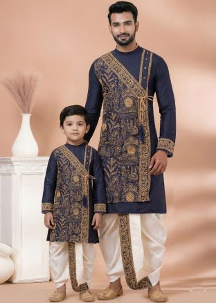Royal Blue Embroidered Kurta Dhoti Father Son Combo