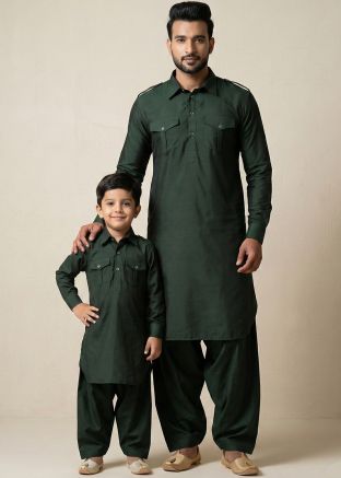 Bottle Green Pathani Suit Father Son Combo