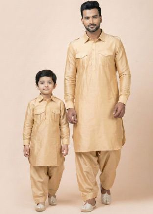 Beige Pathani Suit Father Son Ethnic Set