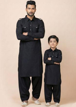 Black Pathani Suit Father Son Coordinated Set
