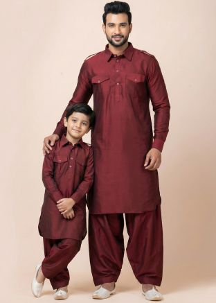 Maroon Pathani Suit Father Son Combo Pair
