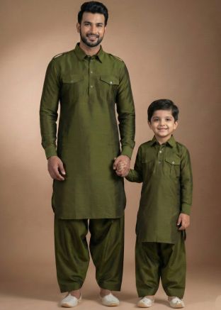 Green Pathani Suit Father Son Combo Set