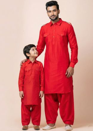 Red Pathani Suit Father Son Matching Set