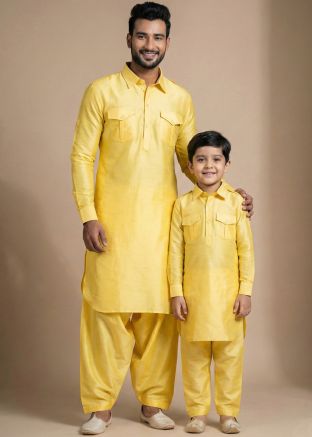 Yellow Pathani Suit Father Son Combo Set