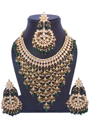Indian Jewelry in USA - Buy Golden Green Kundan and Pearl Indian Necklace Online