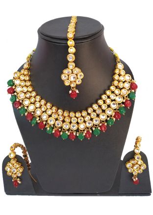 Green Maroon Stone Studded Kundan Necklace Set