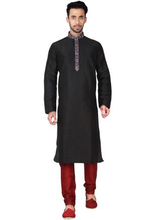 Readymade Black Art Silk Kurta Pyjama Set